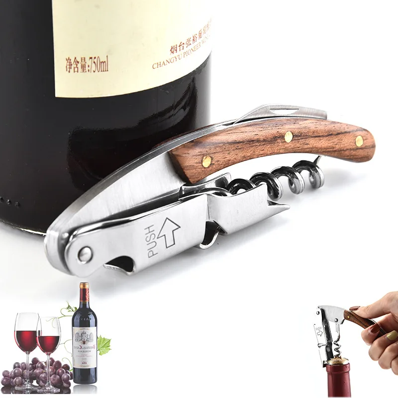 200Pcs/Lot Wine Bottle Opener Wood Handle Corkscrew Open Easy Stainless Steel Knife Kitchen Multi-function Portable Screw Tool