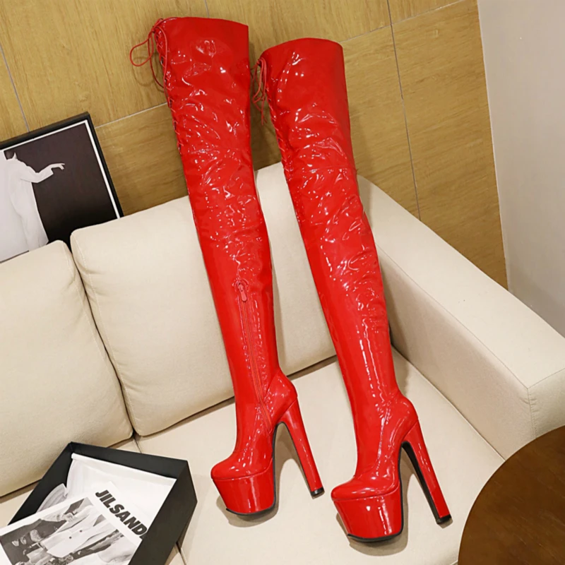 Sgesvier Fashion Over the Knee Women High Heels Platform Thigh Long Boots Lace-up Black Red Fetish Boots Dance Ladies Shoes