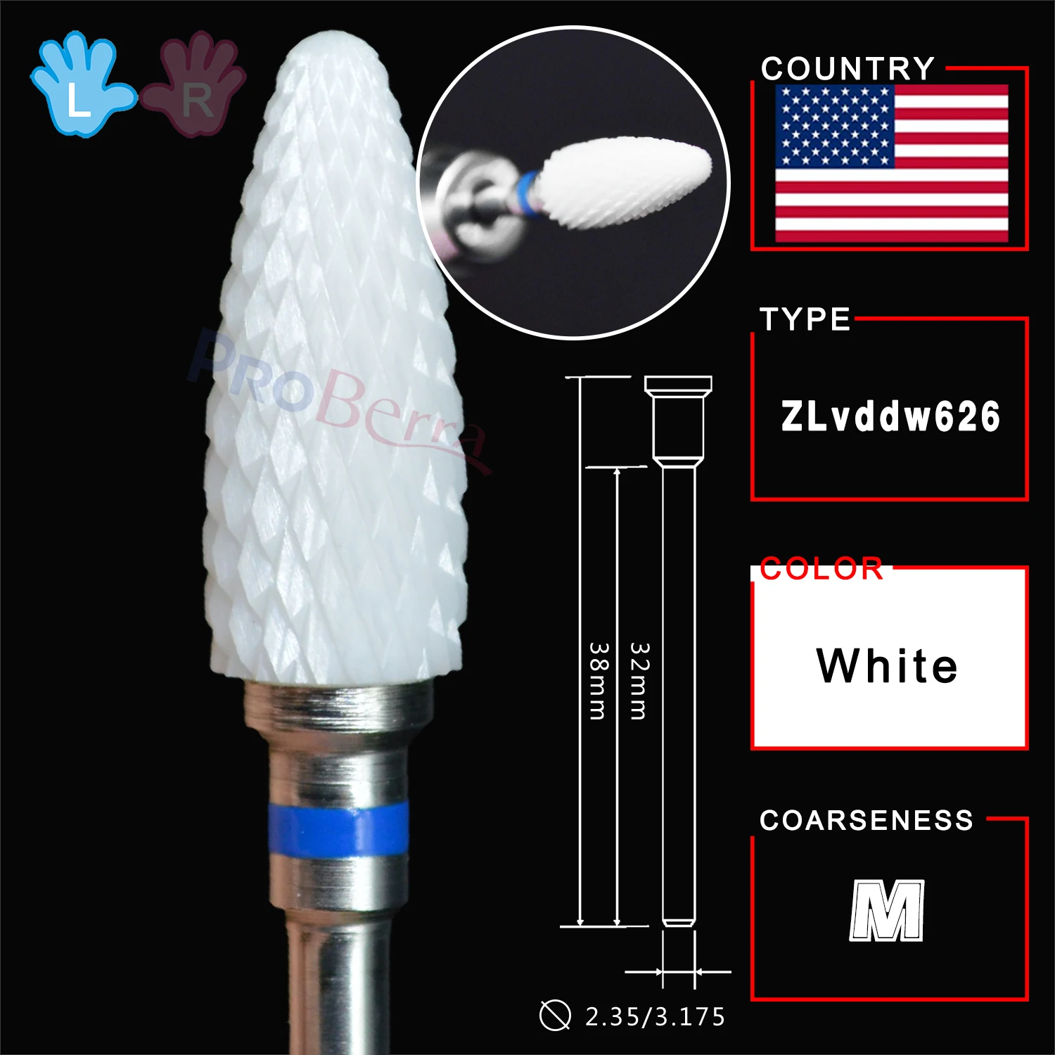 RolinStar White Ceramic Left Handed Person Flame Bit designated milling cutters removel gel polish varnish Nail Drill Bit