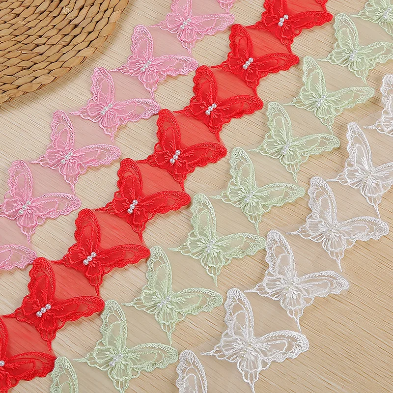 20Yards 6x5cm Butterfly Patch Wedding Dress Lace Trim Pearls Applique Ribbon Embroidered Fabric Sewing Craft DIY Decoration