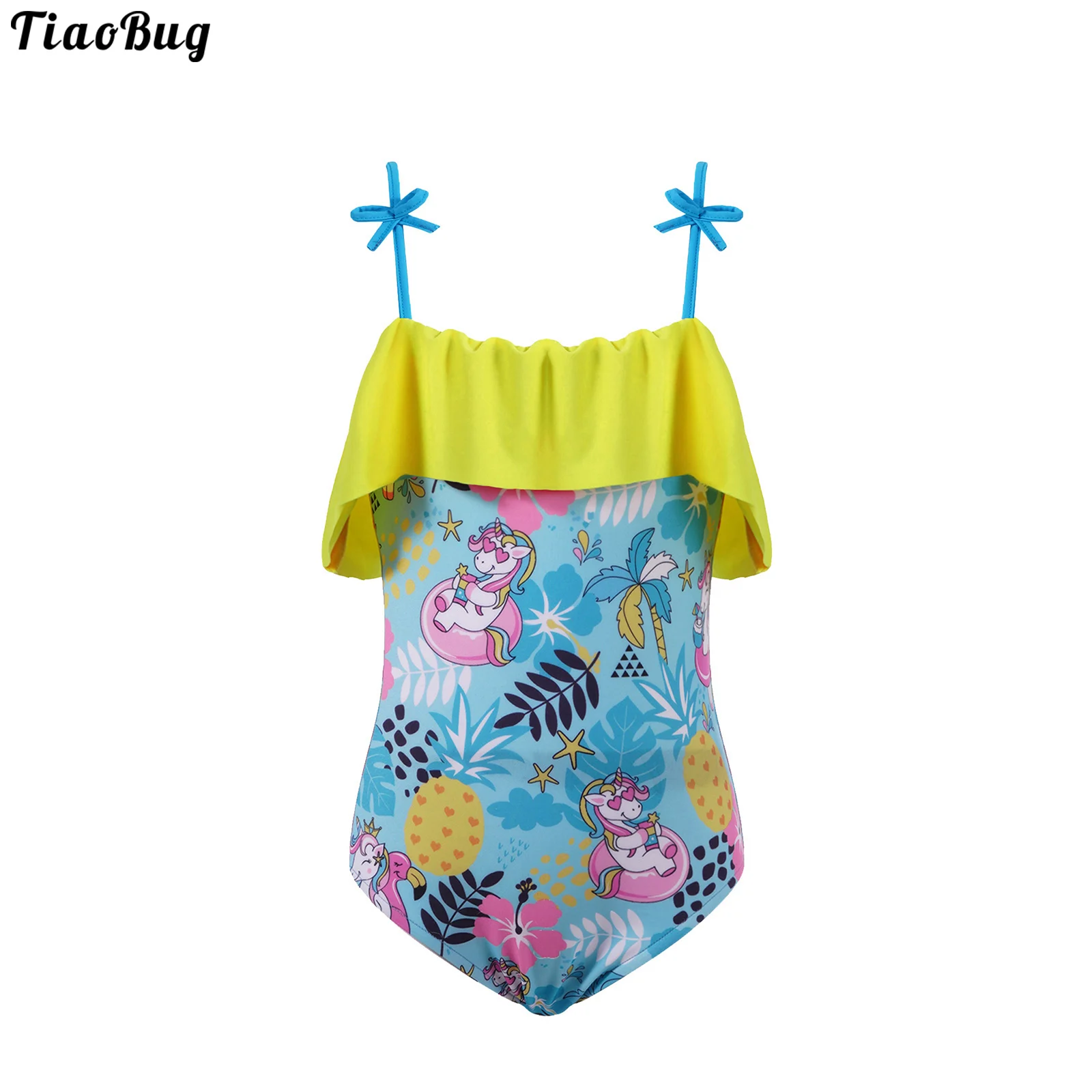 TiaoBug Summer Kids Girls Cute Cartoon Swimming Jumpsuit Straps Off Shoulder Ruffle Trim Beach Pool Swimming Bathing Suit