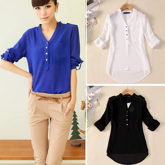 Women Blouse Button V Neck Spring Summer V-neck Chiffon fabric Long Sleeve Casual Shirt Office Lady Elegant Blouse Shirt Tops P5