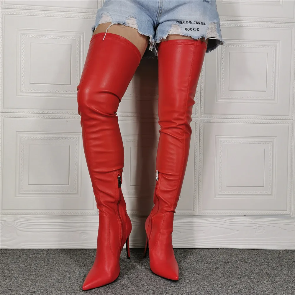 

Crotch SUPER 2021 Women's Thigh High Boots Red Faux Leather Lining Stiletto Heels 4 Season Shoes Botines Large Size 39 43 47