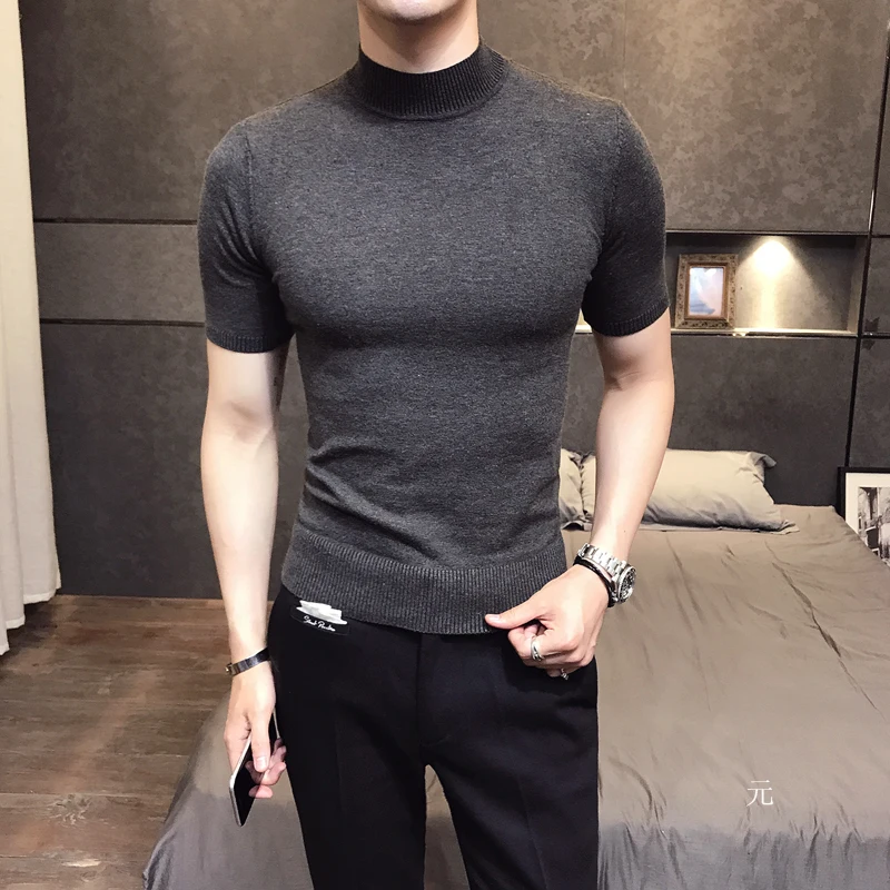 2020 Fashion Short-sleeve Sweater Mens Turtleneck Sweaters Brown Cardigan Mens British Style Basic Top Slim Fit Gentleman Sexy