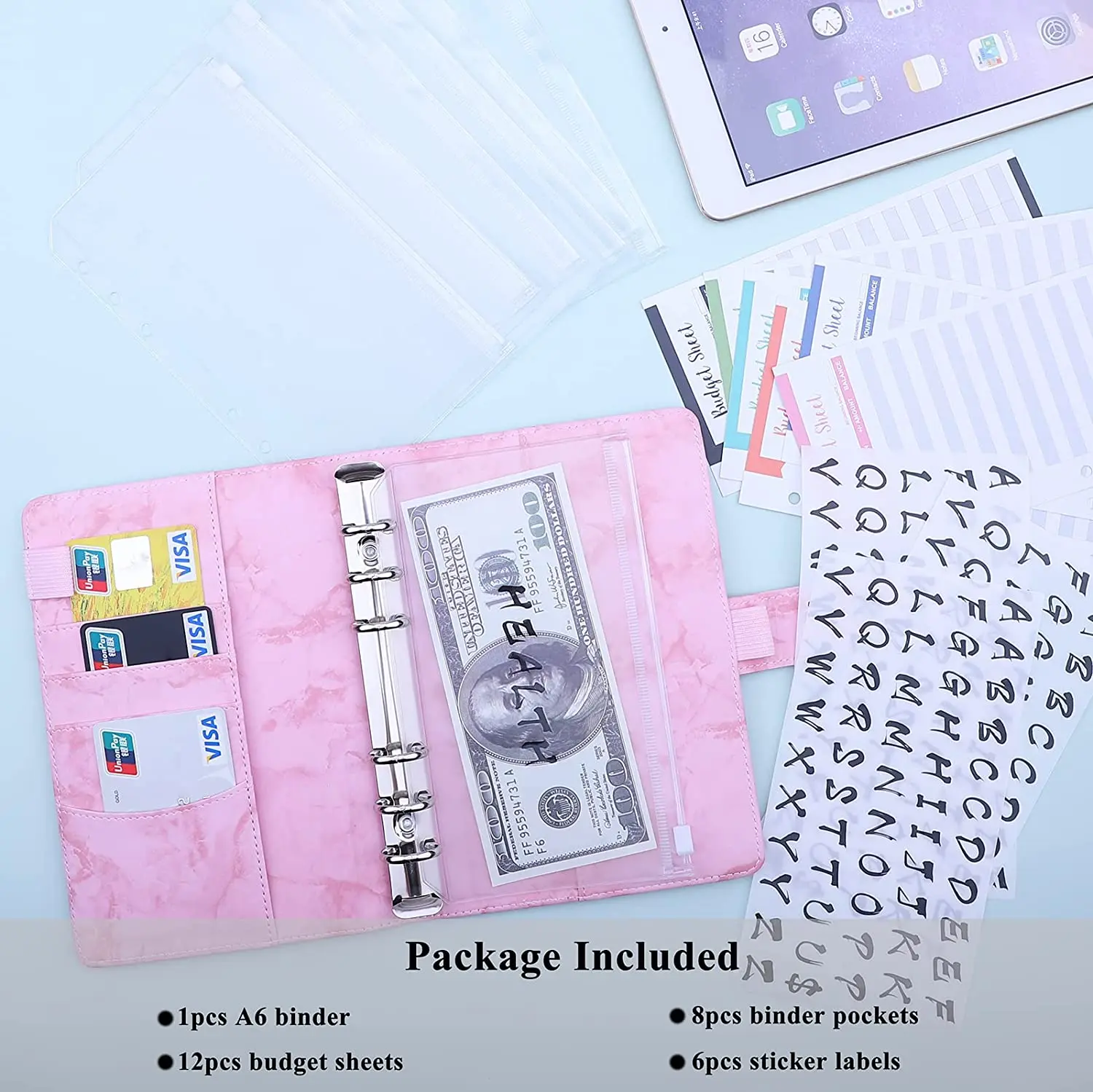 A6 PU Leather Budget Binder with Binder Pockets, Expense Budget Sheets, Sticker Labels,Budget Money Saving Cash Envelopes System