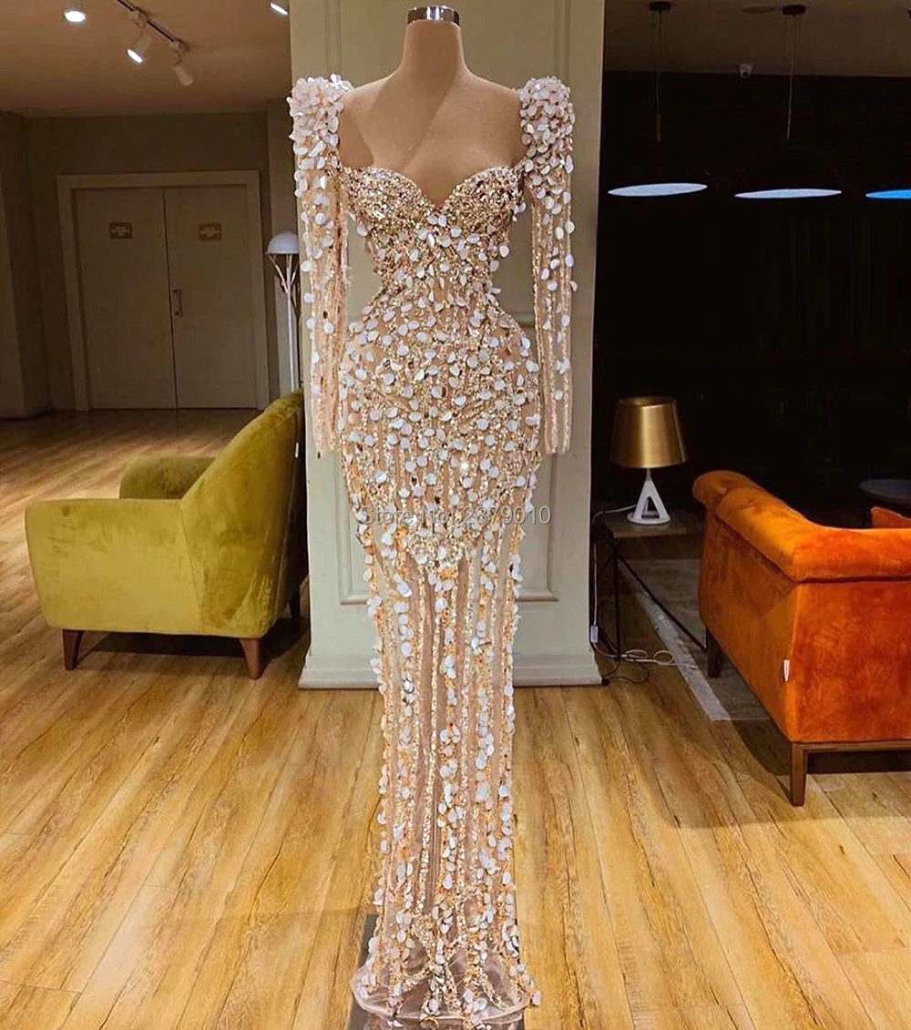 Vestido de festa alta moda com cauda de sereia, vestido de celebridade com lantejoulas e paetês no chão, 2020