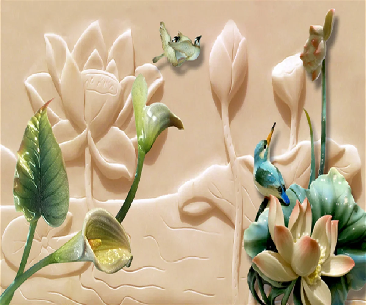 

Customize any size 3d wallpaper mural Europe and America beautiful jade carving lotus bird background wallpaper luxuryhotel wall