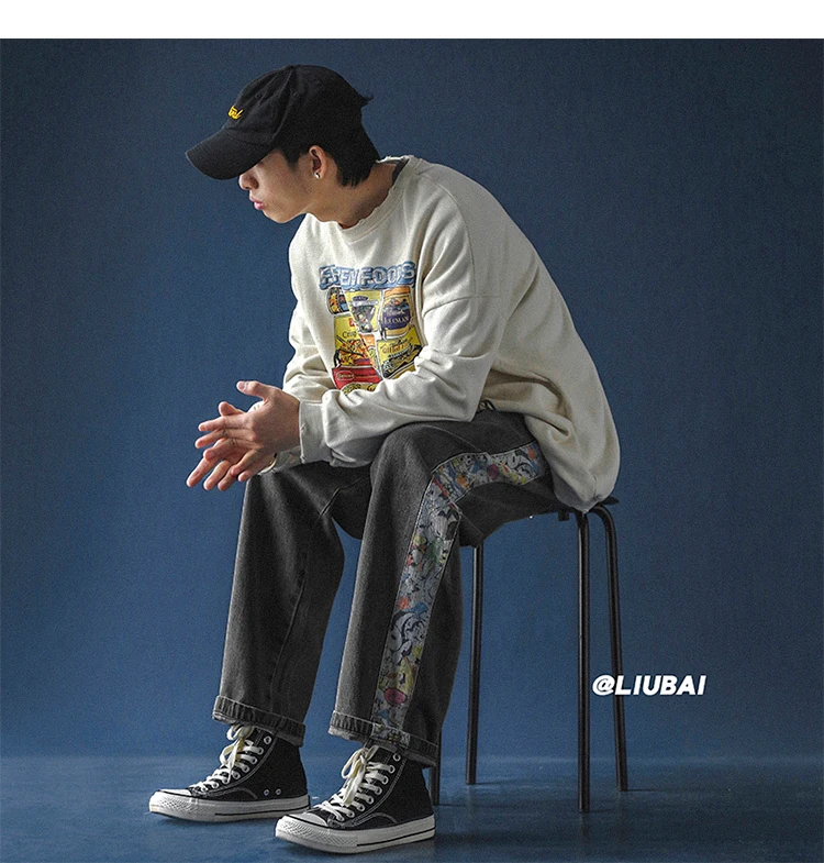 ICCLEK Autumn New Printed Jeans Men's Loose Straight-leg Pants Casual Trousers Ripped Jeans for Men  Jeans  Black Jeans Men