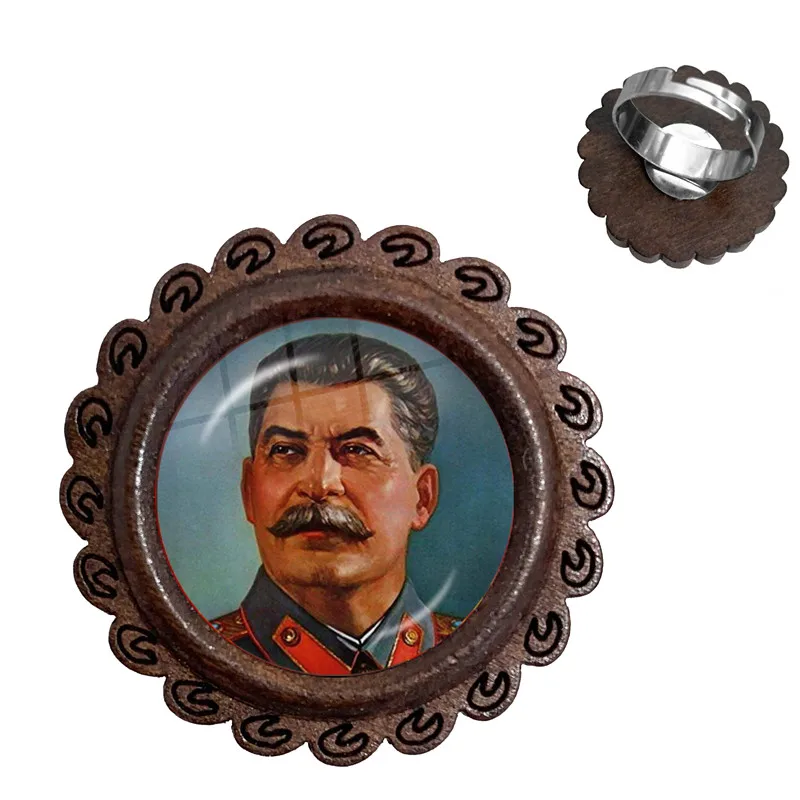 Soviet USSR Stalin Lenin Adjustable Wood Rings Classic Red Star Hammer Sickle Communism Emblem CCCP Glass Cabochon Charm Ring