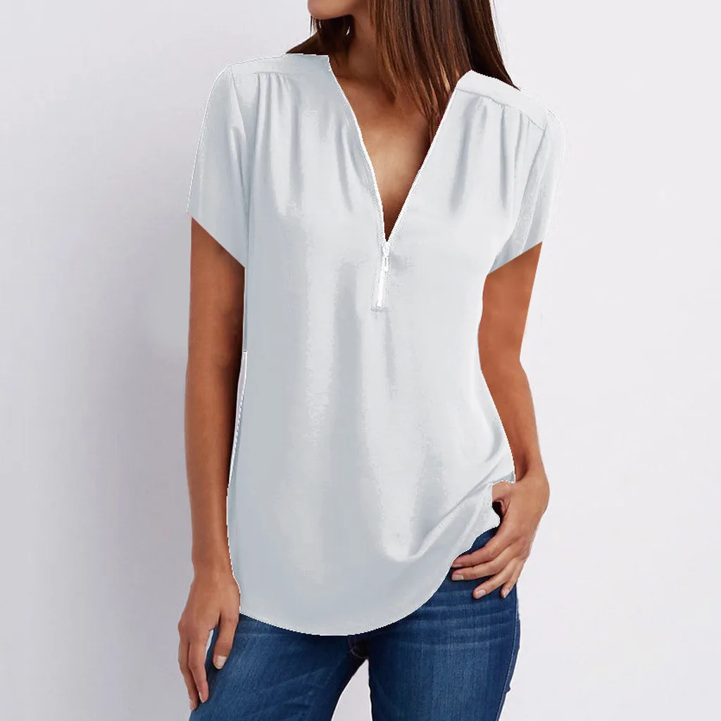 Summer White Black Blouse Woman Fashion Zipper V Neck Casual Shirts Solid Color Female Lady Blouses Tops Tunic Dropshipping