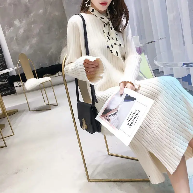 

Autumn Winter Women Elegant Pullover Party Dresses Knitwear Long Pullover Sweater Dress Women Bottom Knitted Dress HK198