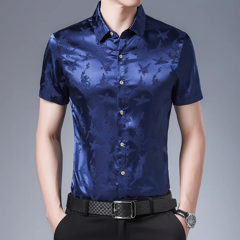 Summer 2021 Men\'s Birds Silk Dress Shirt Casual Short Sleeve Floral Streetwear Male Soft Silk Shirts Clothes