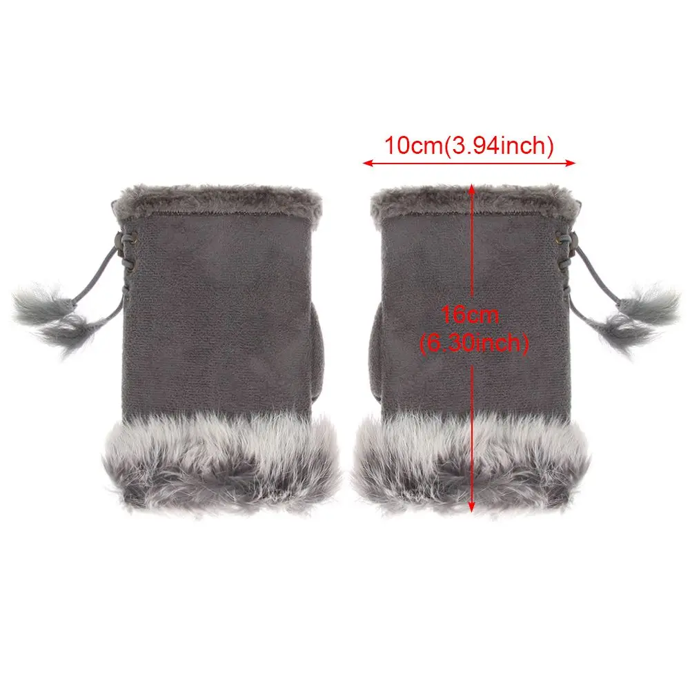 Fashion Suede Rabbit Hair Gloves Soft Warm Fingerless Mittens Windproof Thicken Plush Gloves Women Girls