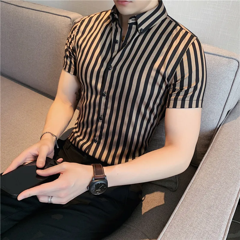 

Camisas De Hombre High Quality Men's Shirt Korean Luxury Clothing Summer Short Sleeve Striped Shirts For Men Slim Fit Blouses