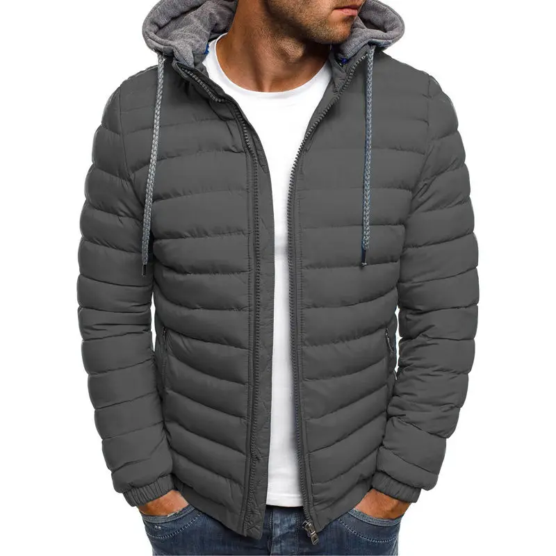 Winter Cotton Men\'s Down Jacket Hooded Long Sleeve Cardigan Zipper Pockets Solid Thick Fashion Casual Down Jacket