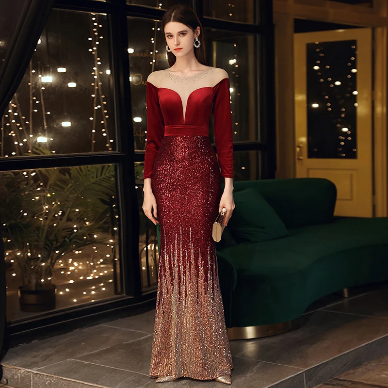 DEERVEADO Elegant Velour Mermaid Sequins Evening Dresses Women Formal Dress Party Gown Maxi Dress K18291