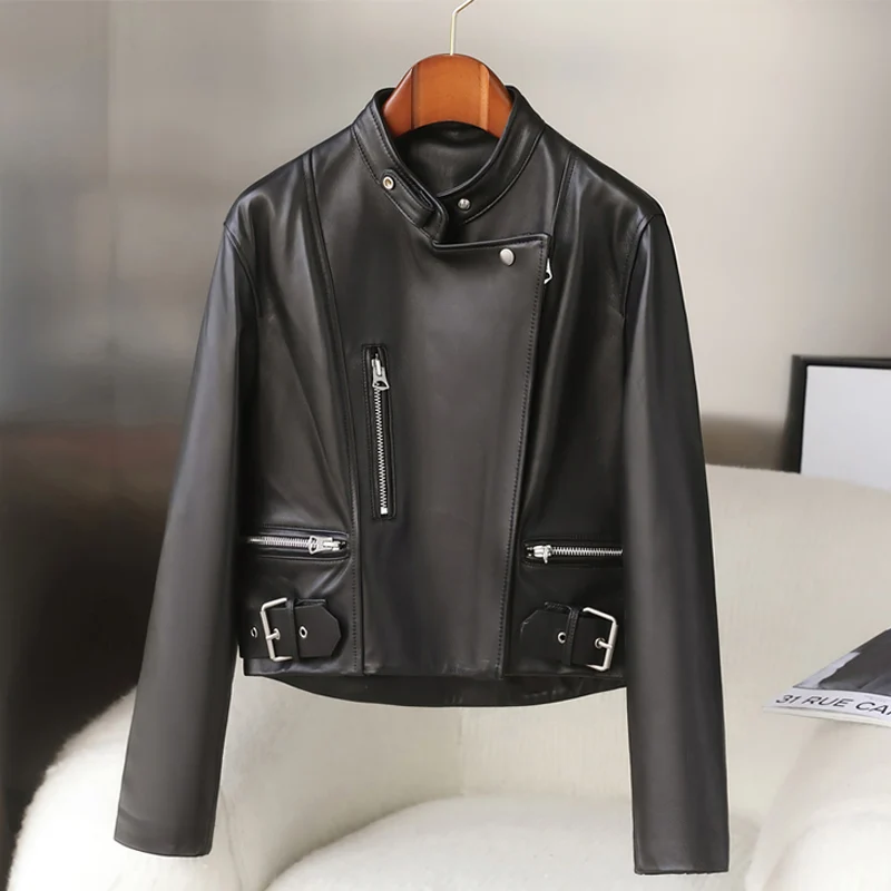 Locomotive Jackets For Women High Quality Female Grey Short Slim Zippers Pockets Genuine Leather Coat Mujer Motorcycle Vetement