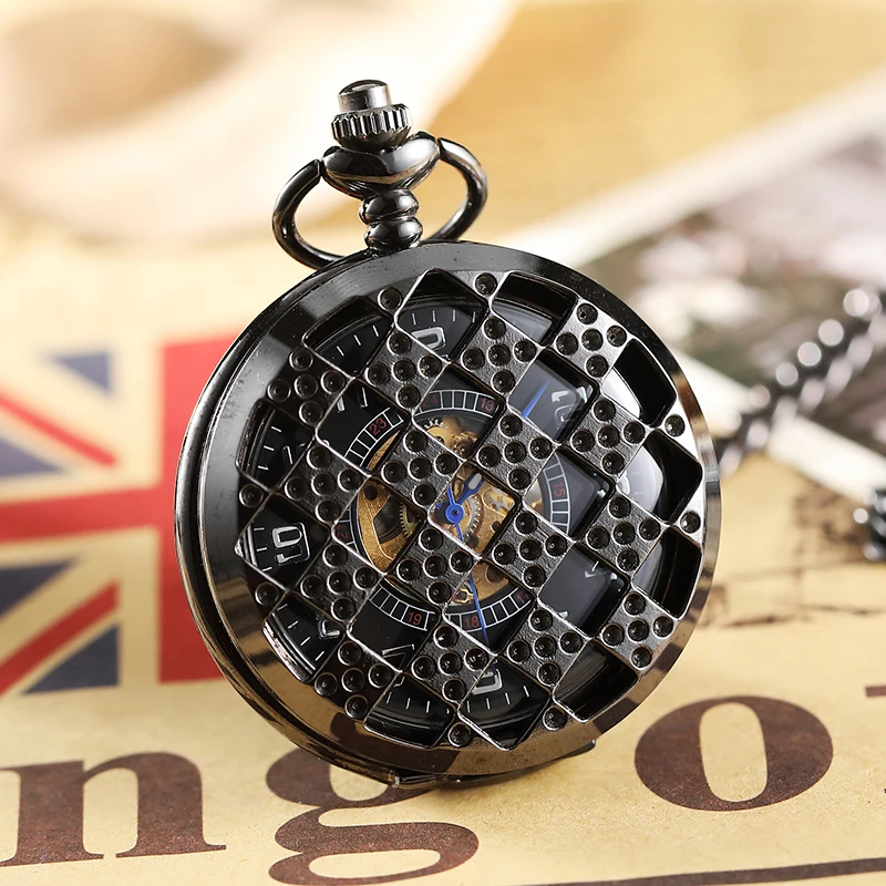 

2020 Top Luxury Steampunk Black Mechanical Pocket Watch With FOB Chain Hand Wind Skeleton Hollow Clock For Men Women Gift Box