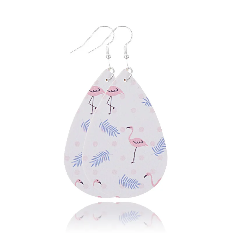 Flamingo Teardrop Leather Pendant Earrings New Trendy Double Sided Cute Print Drop Earrings For Women Valentine's Gift Jewelry