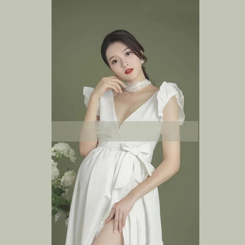 Women Pregnancy Photography Props Gown For Photo Shoot White Elegant Ruffle Sleeve V-neck Maternity Dress For Baby Shower 2024