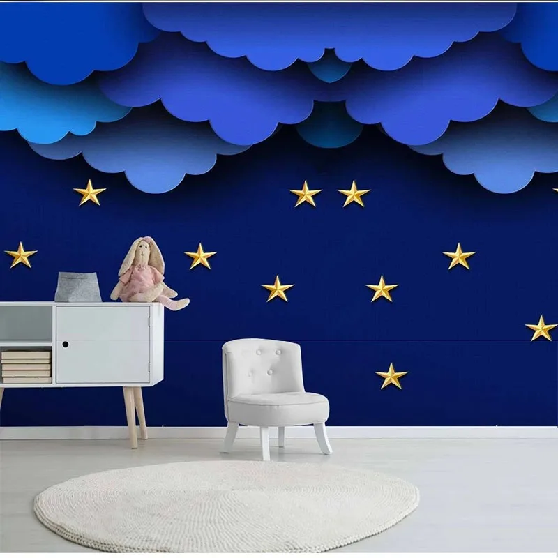 

Custom Wallpaper Blue Starry Sky Clouds Moon Children's Room House Background Wall 3D Sticker Fresco Papel De Parede