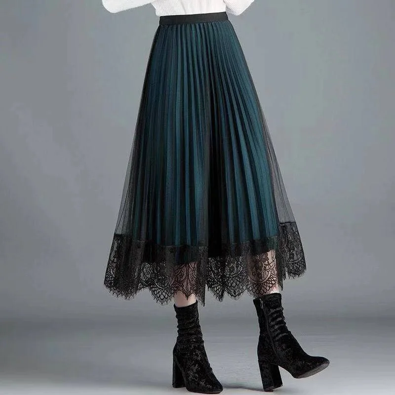 

Pleated skirt women's new high waist lace skirt half bottom skirt medium length slim fit wear on both sides