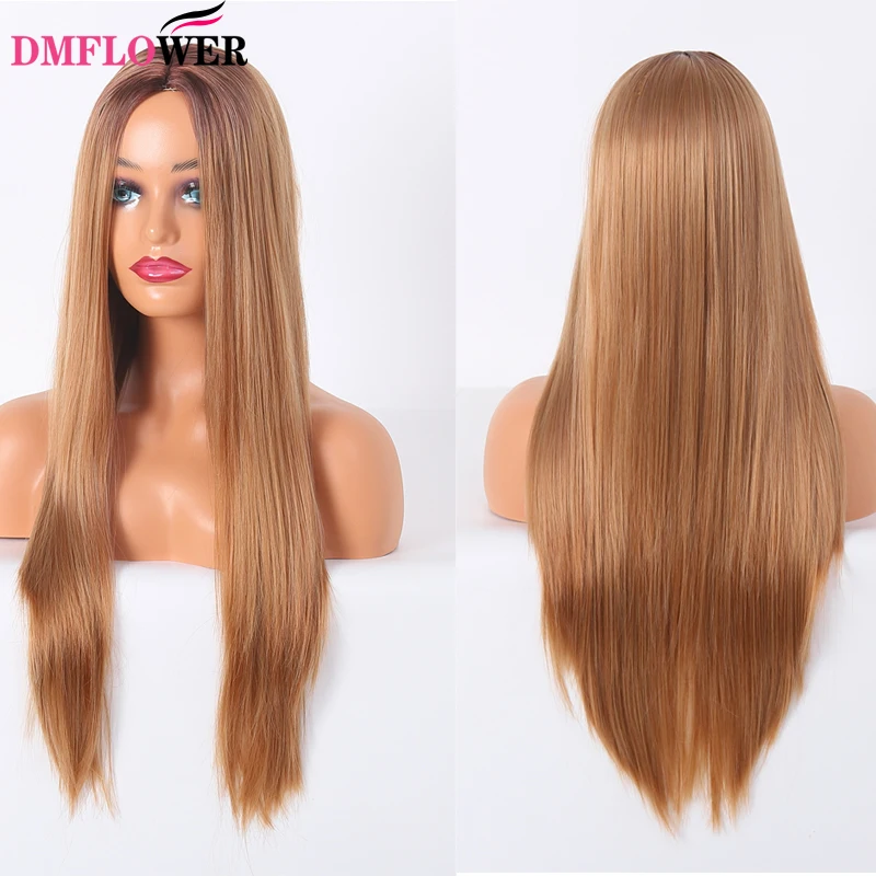 

Women's synthetic straight hair wig 24 inch long black to brown gradient artificial hair heat resistant