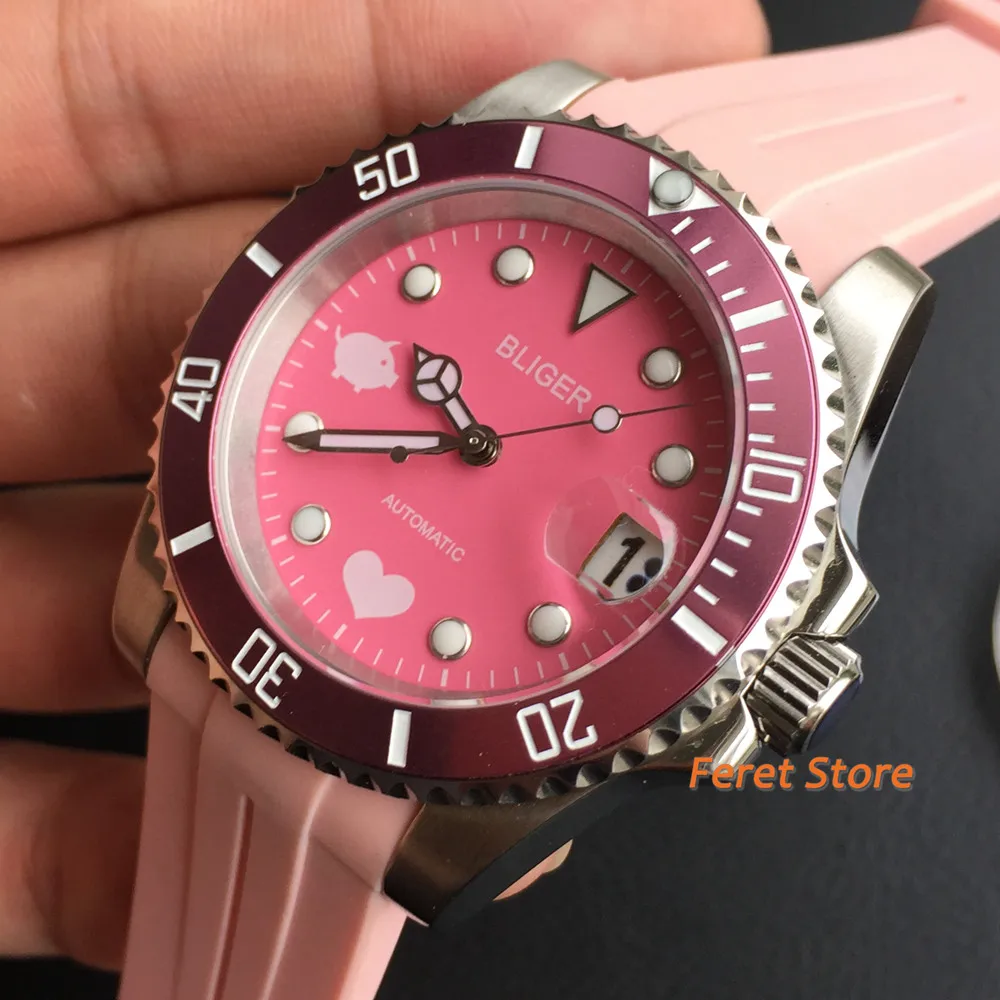 Bliger 40mm NH35A Automatic Movement Watch Sterile Pink Dial Sapphire Glass Date Rubber strap Fashion Men and women Watch