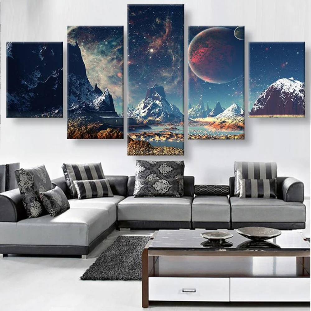 

Canvas Wall Art for Living Room Decoration Landscape Painting Mountains Space Planet Snow Lake, Galaxy, Modern Home Decor, 5 PCs