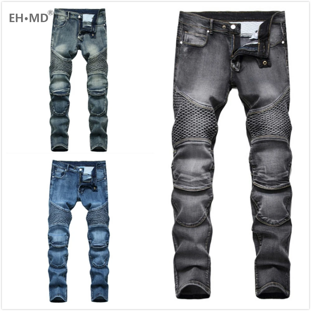 EH·MD® Motorcycle Patchwork Jeans Men's Fish Scales Decorated Washed Slim-fit Pleated High Elastic Solid Color Pants Fall Winter