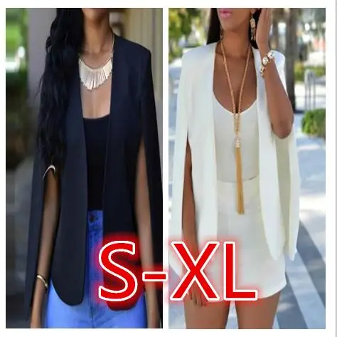 Moda pelerin pelerin Blazer kadın ceket beyaz siyah yaka bölünmüş uzun kollu cepler katı günlük giysi ceket iş giysisi