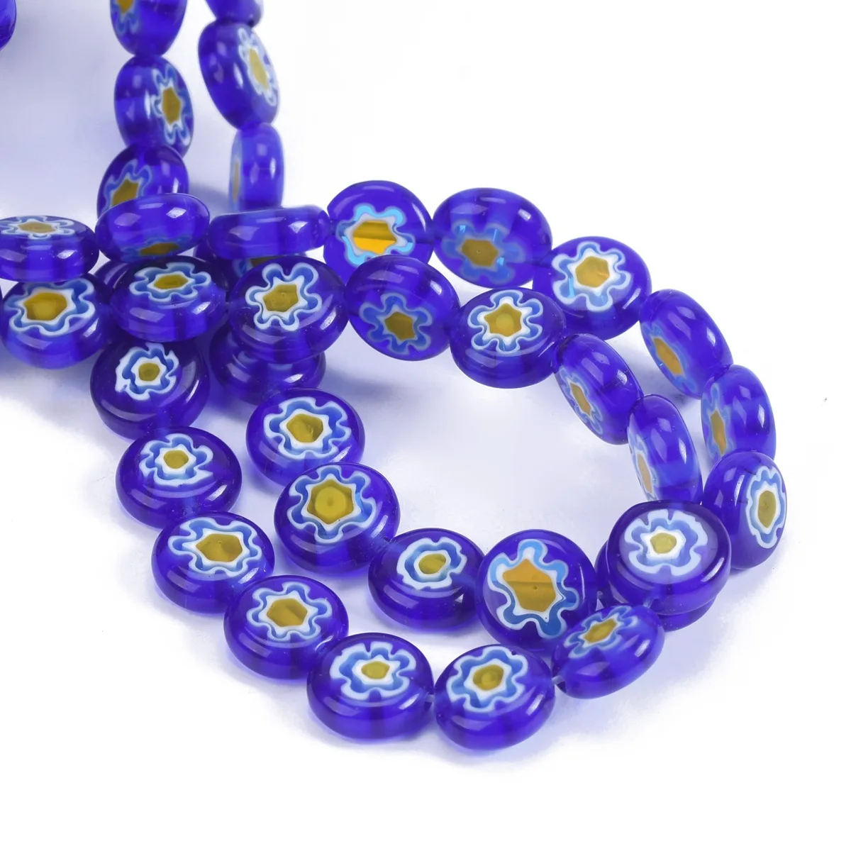 Flat Round 8mm 10mm Deep Blue & Yellow Flower Patterns Millefiori Glass Loose Crafts Beads lot for DIY Jewelry Making Findings