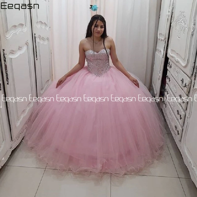 Vestido Quinceanera de strass rosa barato, renda para trás, vestido princesa doce 16, vestidos concurso, 2 em 1, 15 anos