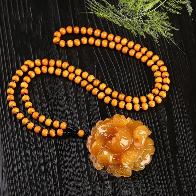 Beautiful Golden jade Carven peony Pendant Amulet Hanging Huang Long Jade Necklace