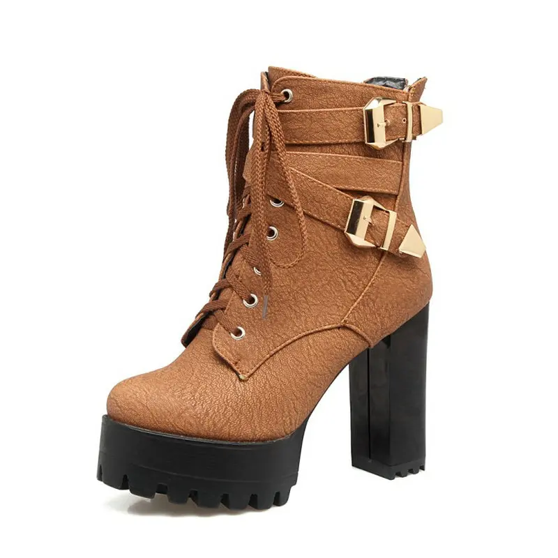 Sianie Tianie lady platform thick block high heels woman shoes lace up buckle strap women ankle boots plus size 33-48 45 46 47