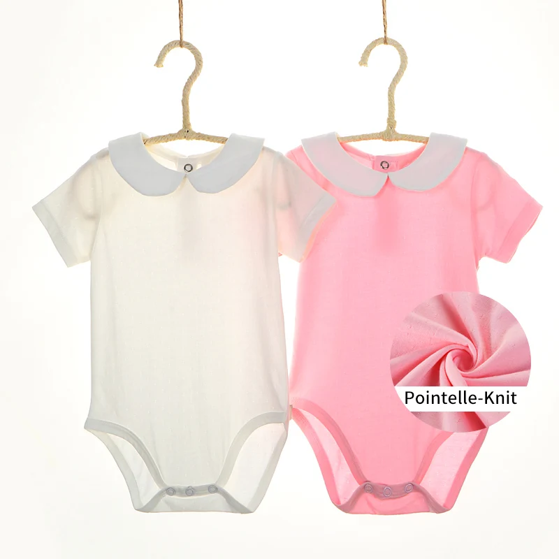 Baby Clothing Newborn Girl Bodysuit Peter Pan Collar Short Sleeve Jumpsuit Kid Summer Thin Clothes Cotton Mesh Pointelle Overall