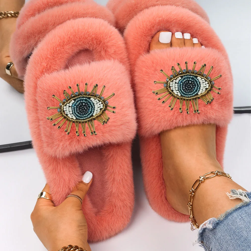 Women Sandals Fuzzy Slides Fashion Eye Decor Fluffy Slippers Luxury Brand High Quality Female Outdoor Casual Shoes Furry Slipper