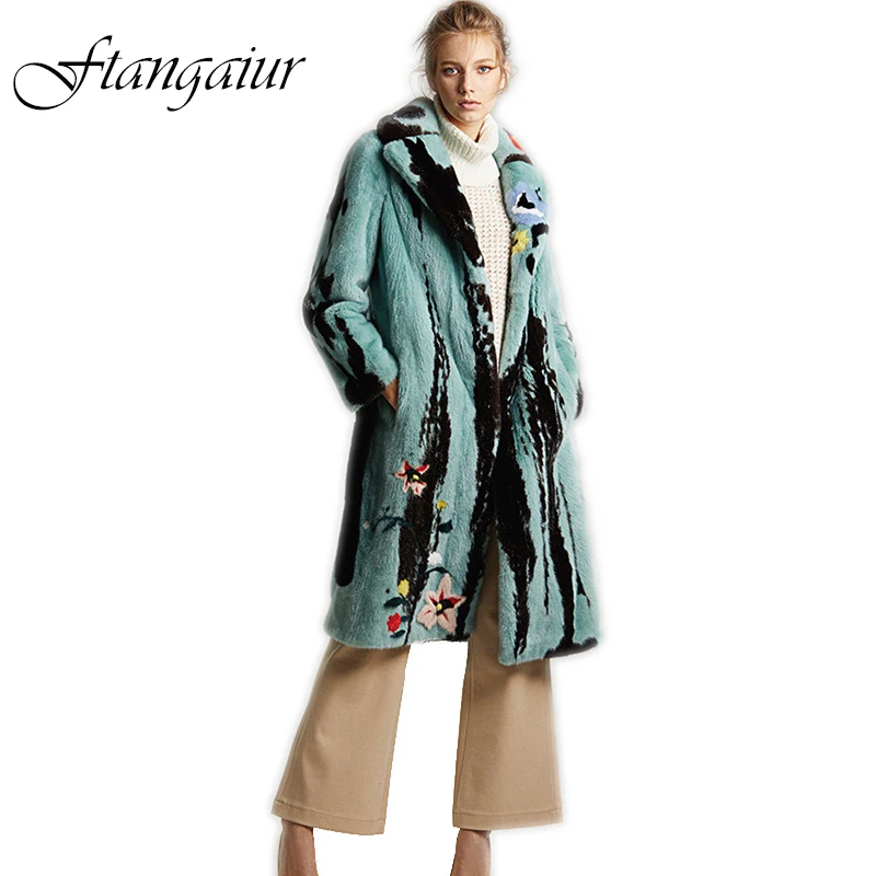 Ftangaiur  Winter Import Velvet Mink Fur Overcoats For Femal Print With Sashes Mink Coat Women's X-Long Real Fur Coats