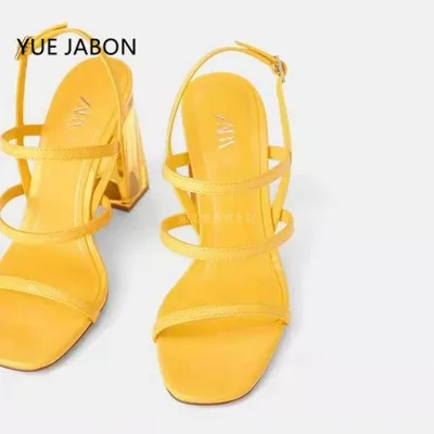 Yellow Women Summer Sandals Ankle Strap Women High Heels Transparent Heel Sandals Women 2024 Thick Heels Shoes Female Open Toe