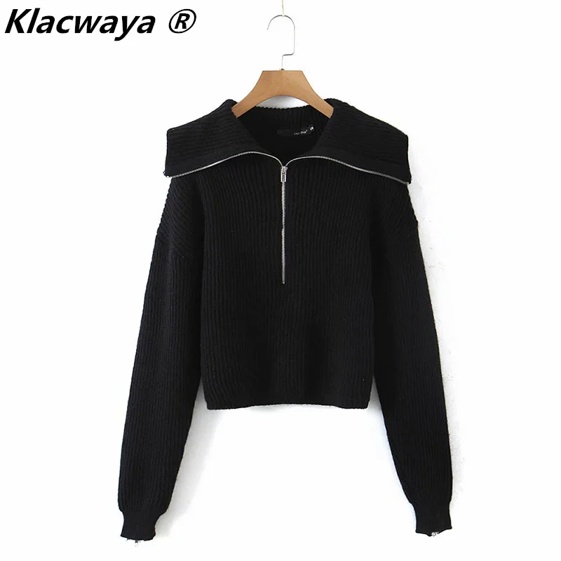 Klacwaya 2021 Woman Fashion Sailor Collar Casual Sweaters Autumn Female Zipper Pullover Knitted Vintage High Street Sweaters