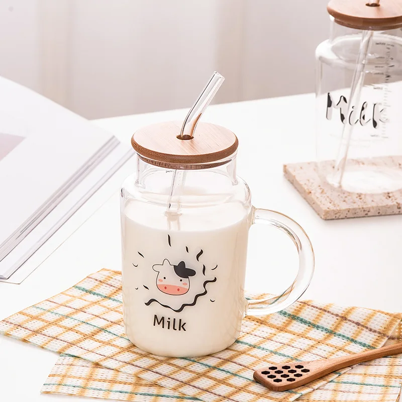 Glass Mug with Cow Element Prints, Lid and Straw, Scale Up to 450ml, 480ml, 16oz, 1 Pc