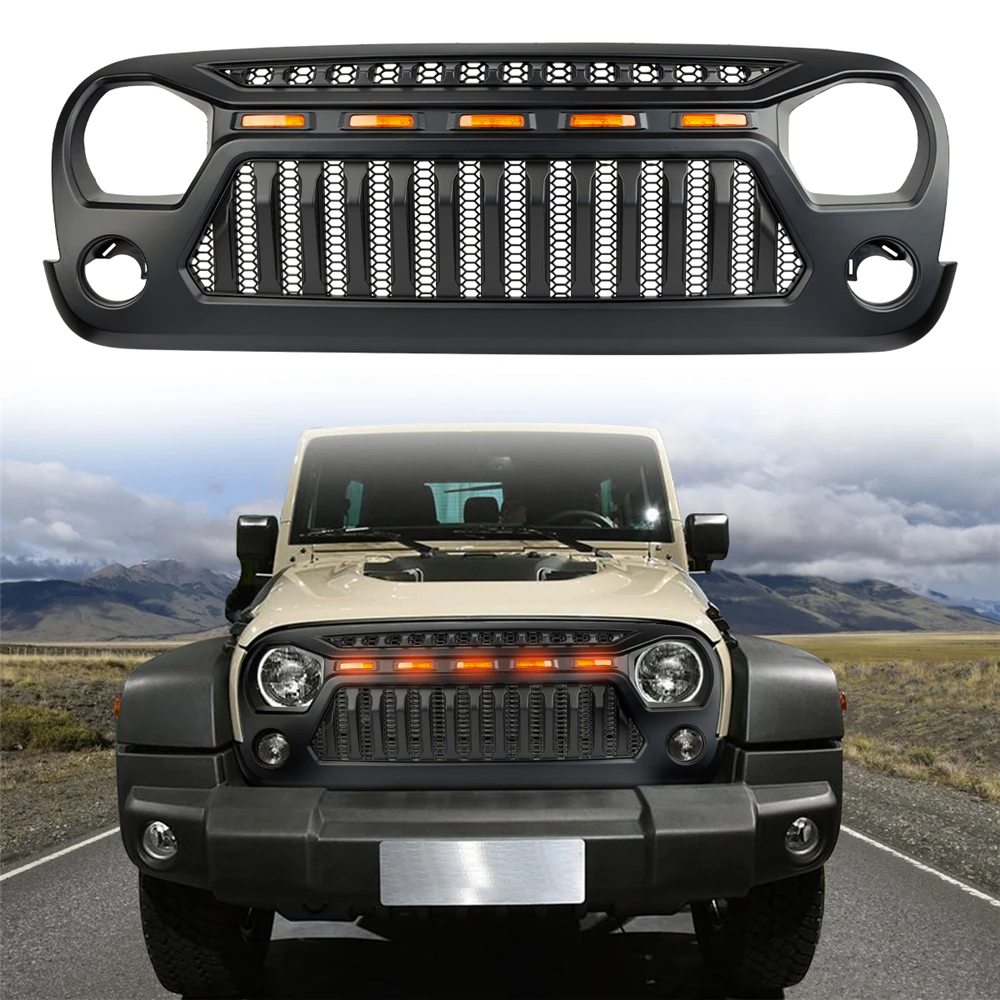 Black Car Front Racing Grille Upper Bumper Grill with Amber LED Running Lights for Jeep Wrangler JK JKU 2007-2018