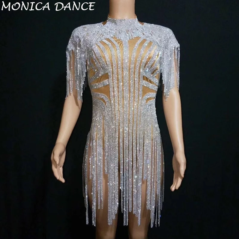 

Sexy Bling Silver Rhinestones Fringes Bodysuit Birthday Celebrate Costume Female Singer Bling Tassel Leotard Stage Dance Wear
