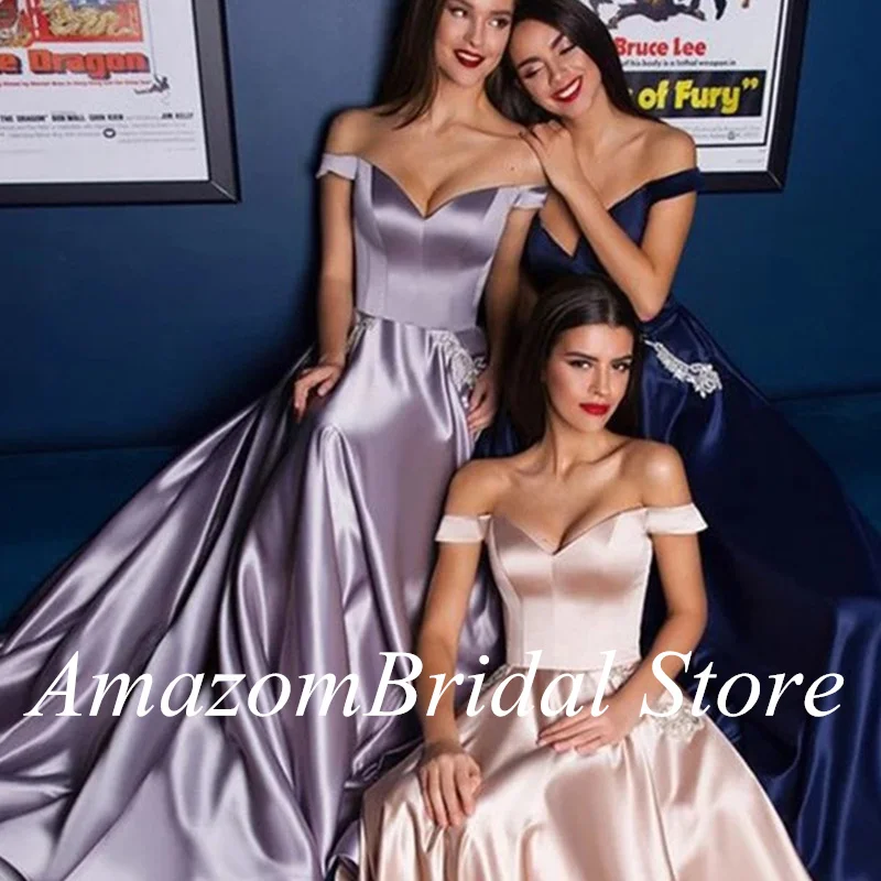 Sexy Satijn Cap Mouw Avondjurk A-lijn Sweetheart Pleats Eenvoudige Off Shoulder Lange Prom Gown Robes De Soiree فساتين السهرة 22