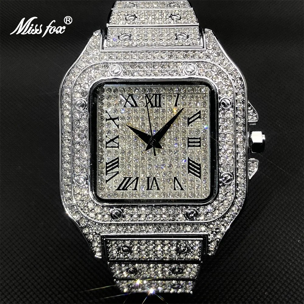 MISSFOX Diamond Men\'s Watches Luxury Iced Out Jewelry Quartz Wristwatch Hip Hop Square Silver Clock Waterproof Relógio masculino