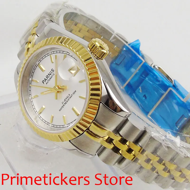 26mm stainless steel gold plated strap automatic movement date sapphire glass women watch