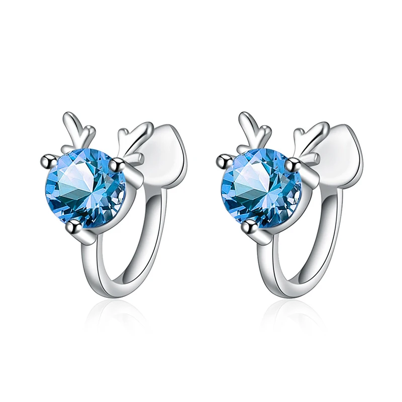 Cute Lovely Antlers Clip Earrings For Women Blue Zircon Stone Small Heart Cuff Earring No Piercing Accessories Charm Ear Jewelry