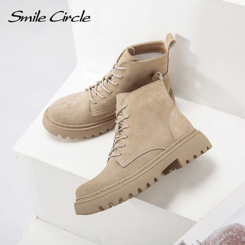 Smile Circle-Botines de piel de ante para mujer, botas cortas con plataforma plana, zapatos a la moda, Otoño e Invierno