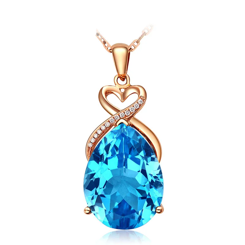 Natural Sapphire 14K Rose Gold Necklace Pendant for Women Bohemia Wedding White Topaz Pure Pendants Fine Fashion Jewelry Luxury