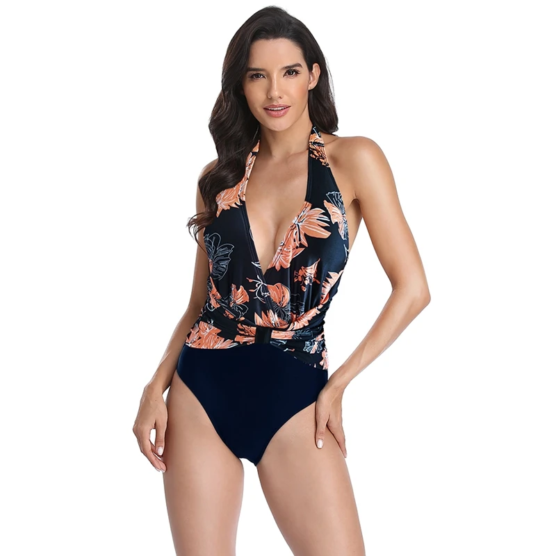 

2021 New Sexy Swimsuit Women One Piece Printed High Waist Swimwear Lady's Split Body Beach Fashion Bathing Wear Blue